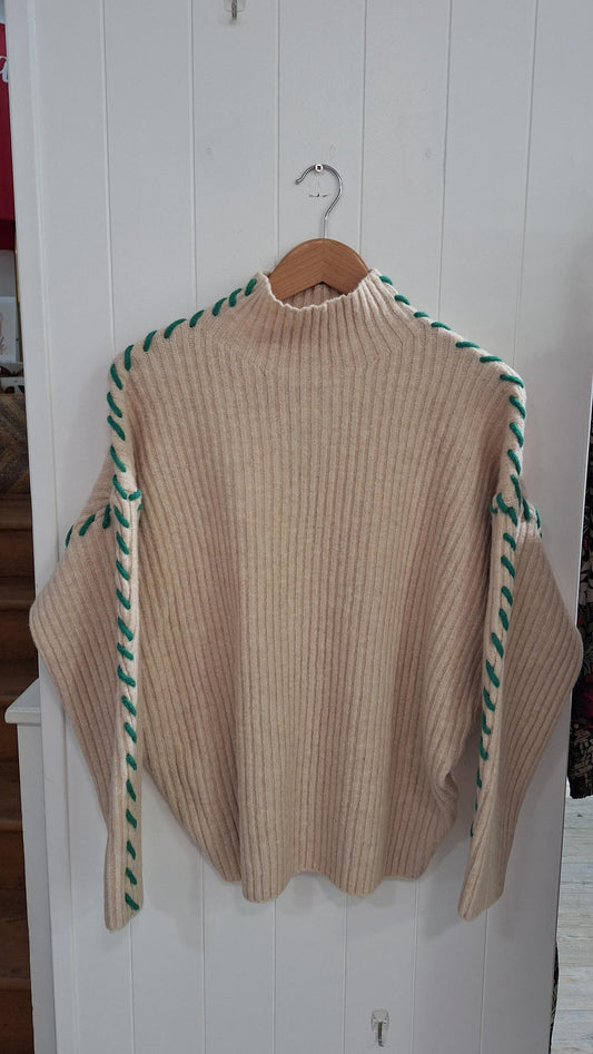 Contrast Embroidered Sweater in Cream and Green