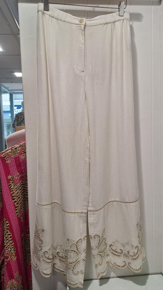 Embroidered Trousers in Cream