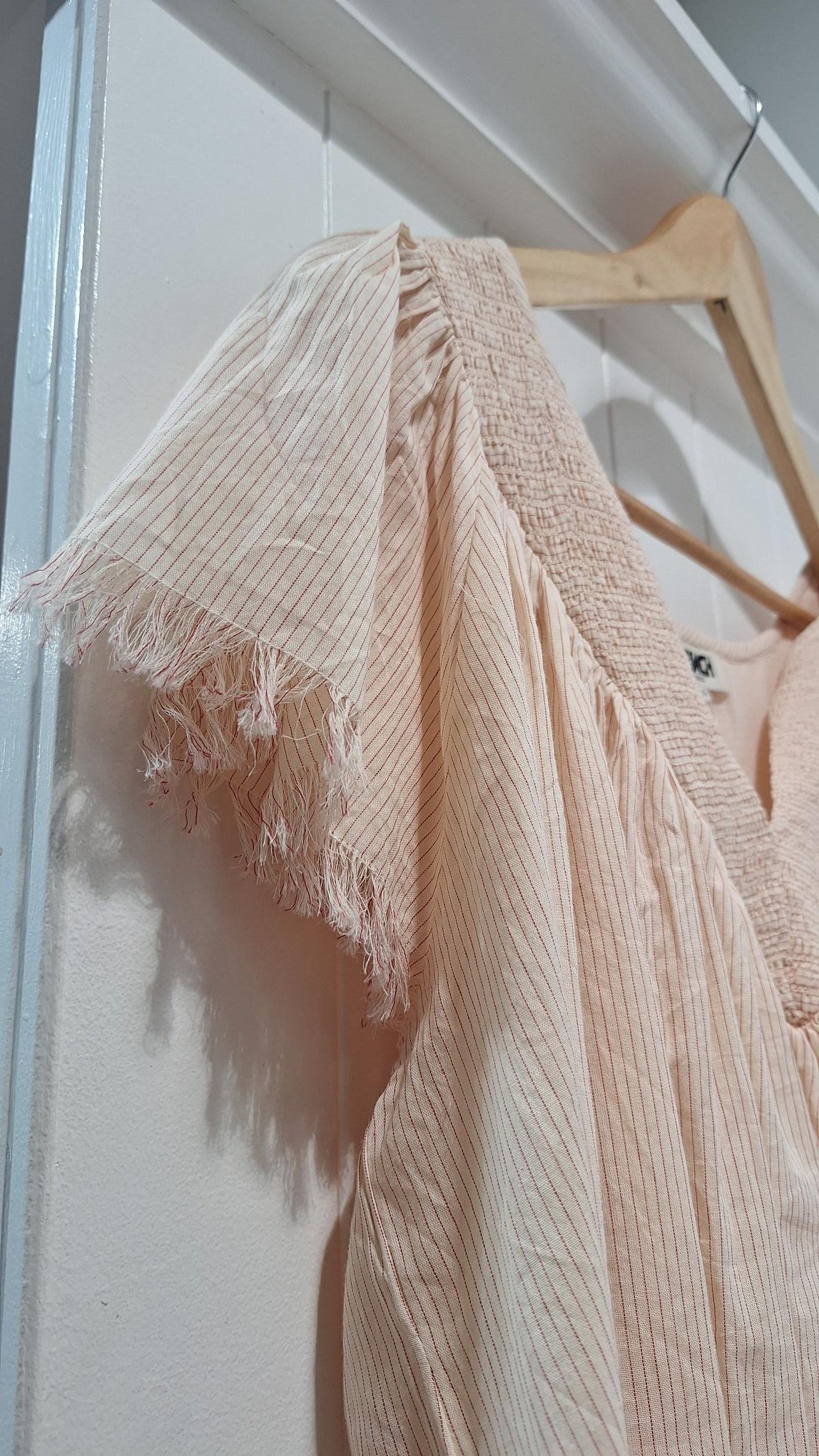 Cream Blouse with Thin Red Stripes