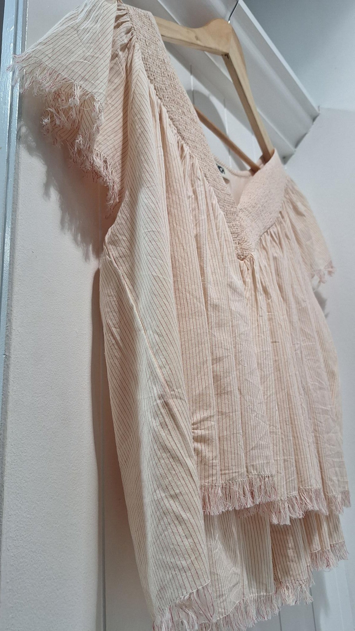 Cream Blouse with Thin Red Stripes