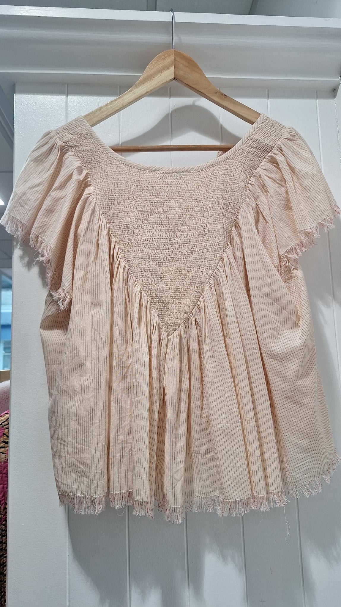 Cream Blouse with Thin Red Stripes