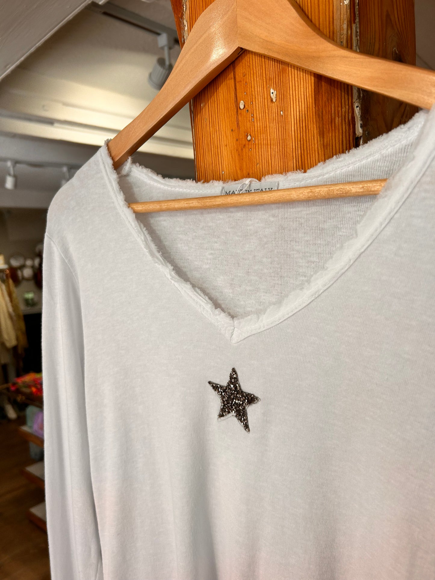 White Cotton Long Sleeved Tee with Granite Sequin Star