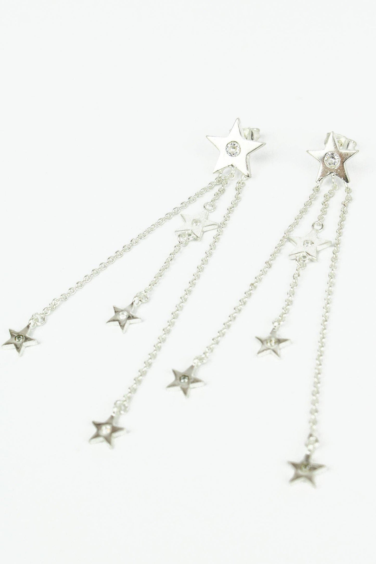 SILVER AND CZ STAR CHAIN DROP EARRINGS