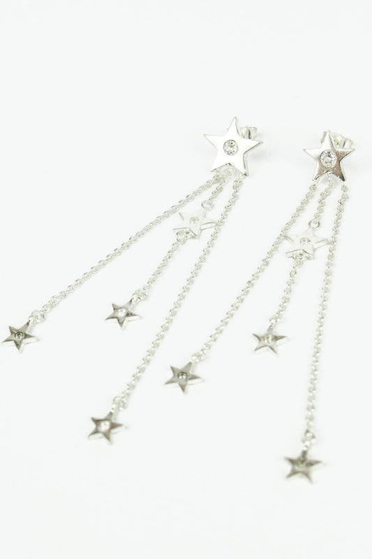 SILVER AND CZ STAR CHAIN DROP EARRINGS