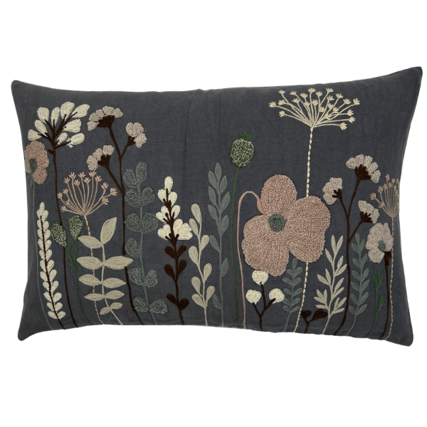 Rectangular Cushion in Grey with Embroidered Flowers