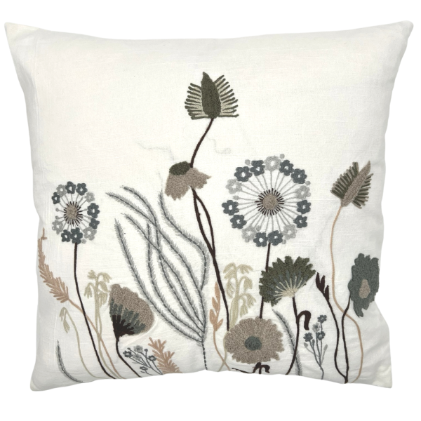 Square Cushion in White with Embroidered Flowers