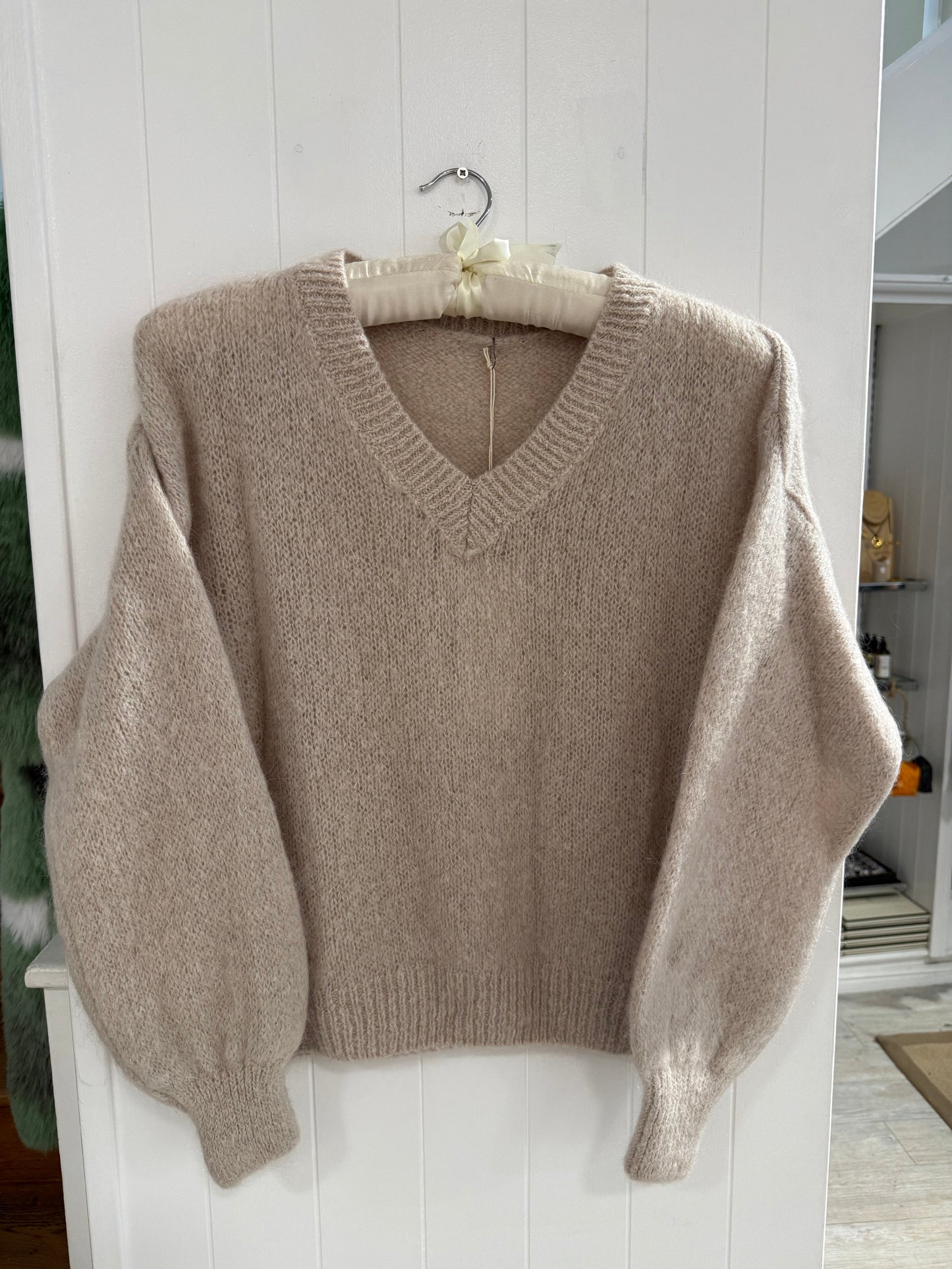 V Neck Mohair Sweater in Stone
