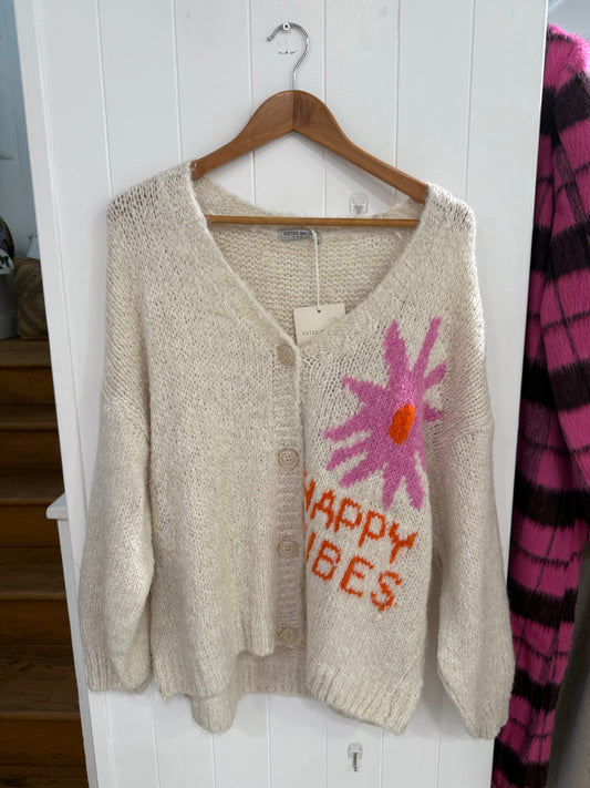 'Good Vibes' Knitted Cardigan-Cream