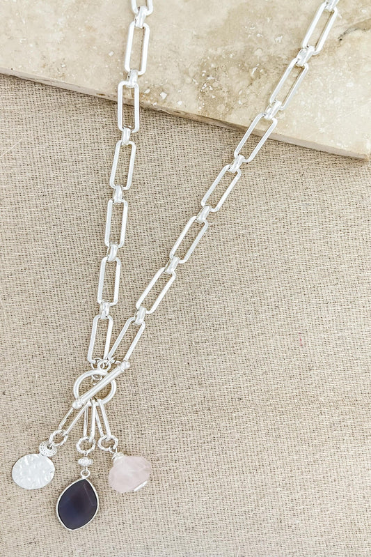 Long Silver Link Necklace with Semi Precious Charms