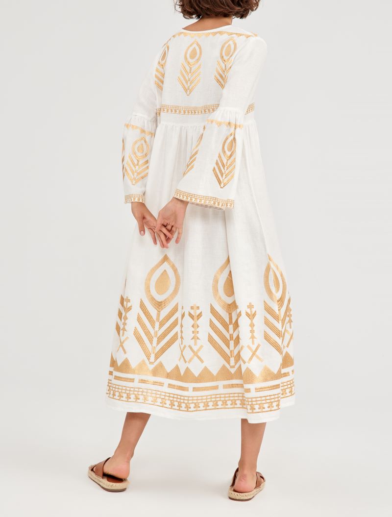 Long Feather Dress in Natural with Bell Sleeve and Gold Detail