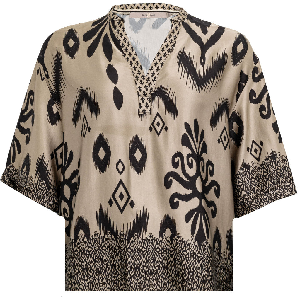 Border Short Sleeved Blouse in Sand with Black Print