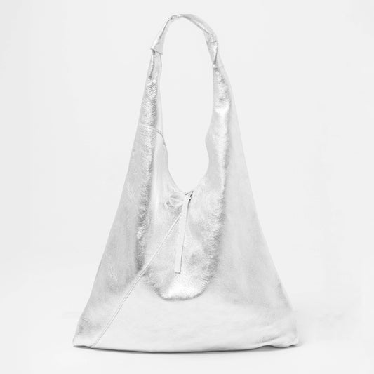 Juno Silver Metallic Italian Leather Shoulder Bag