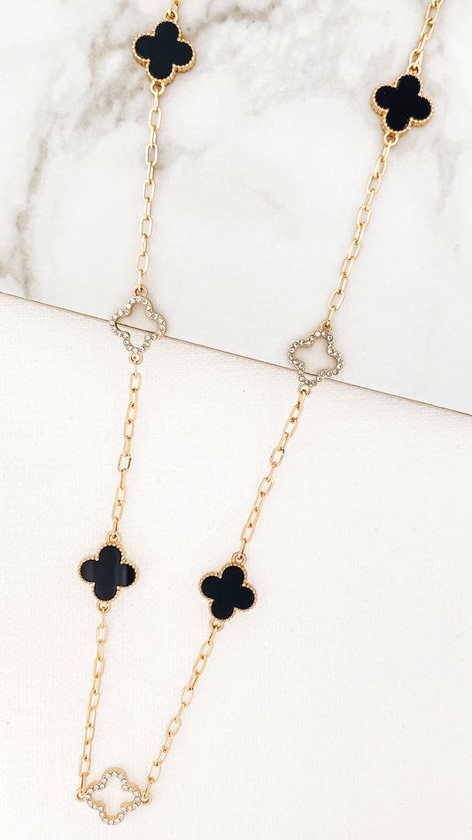 Long Gold Necklace with Diamante and Black Fleurs