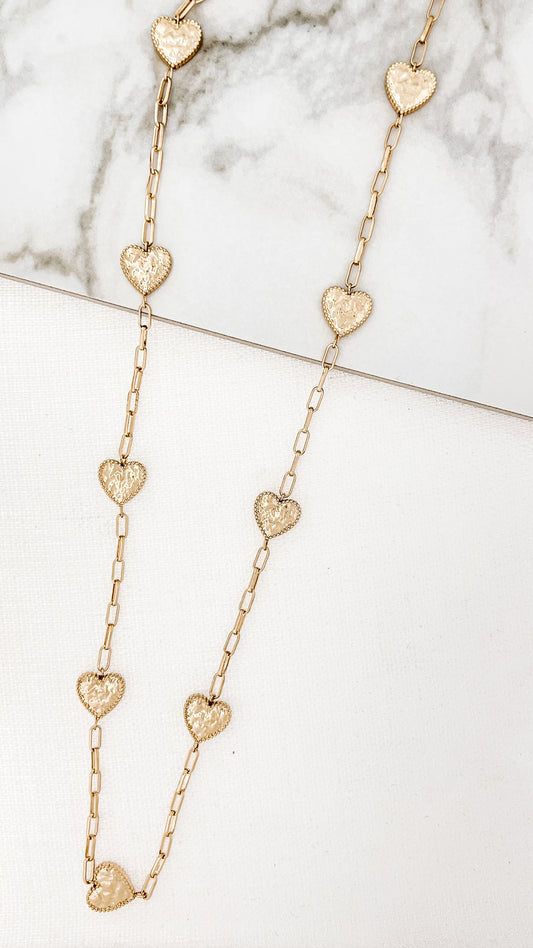 Long Gold Necklace with Battered Hearts