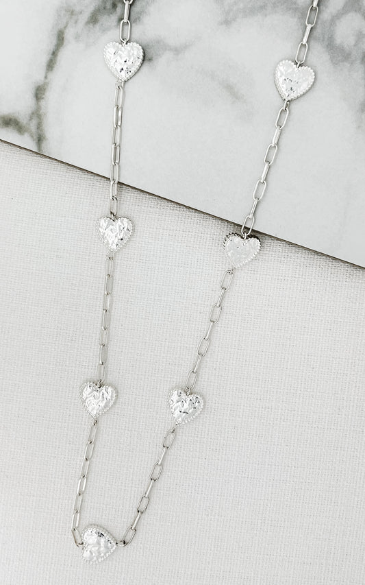 Long Silver Necklace with Battered Hearts