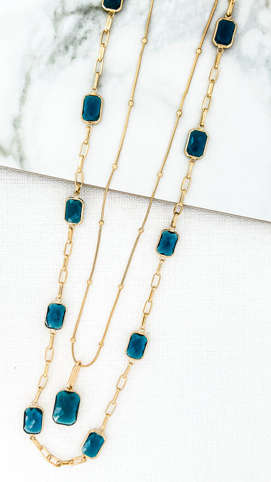 Long Double Layer Gold Neckace with Blue Crystals
