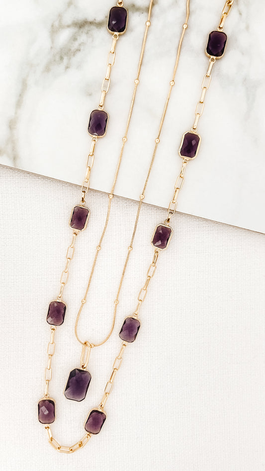 Long Double Layer Gold Necklace with Purple Crystals