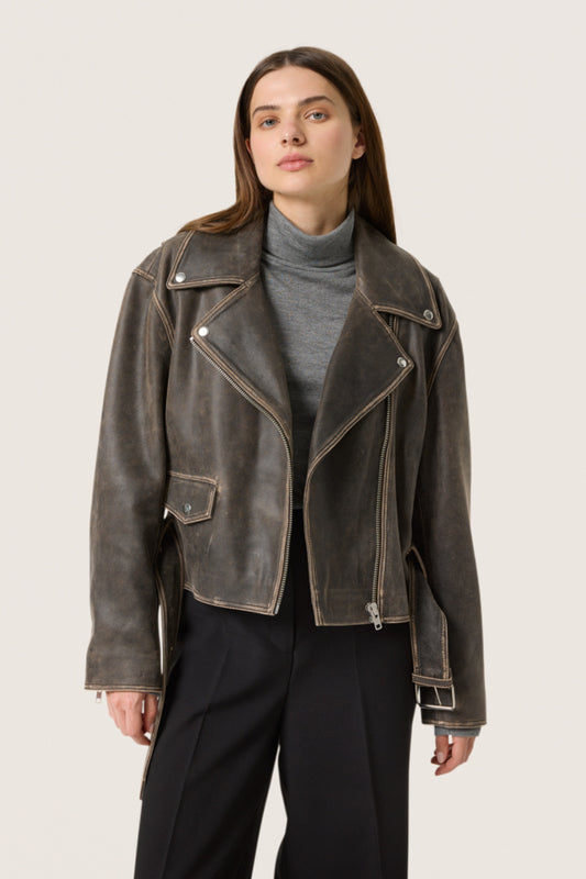 SLFiorella Leather Jacket in Worn Down Black