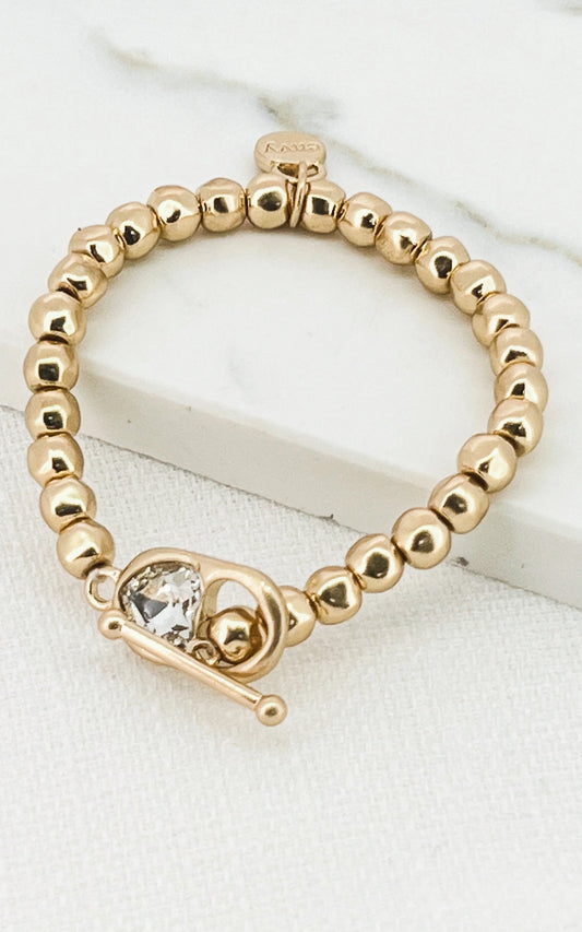 Gold Bead Stretch Bracelet with Crystal and T-bar Design