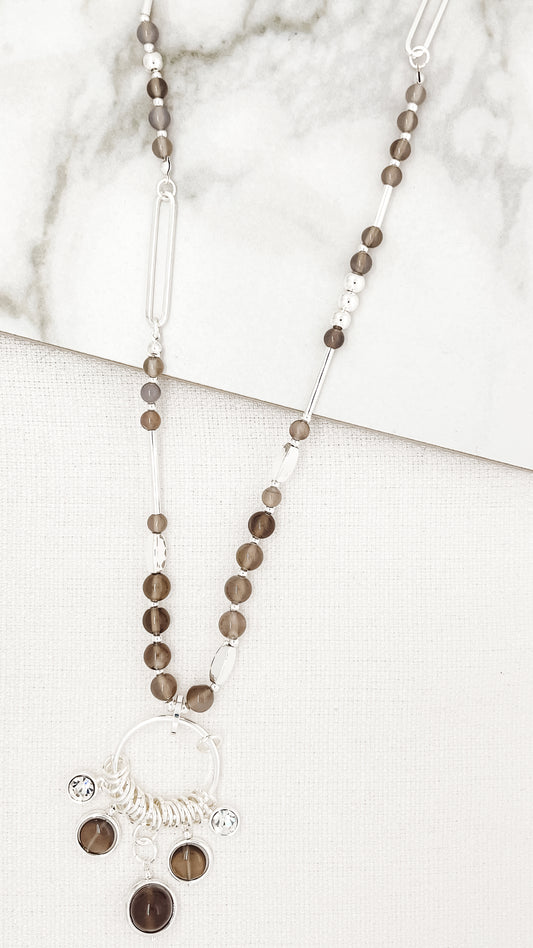 Long Silver Necklace with Grey Semi Precious Beads