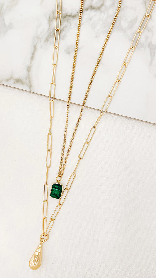Long Gold Double Layer Necklace with Green Semi Precious Pendant