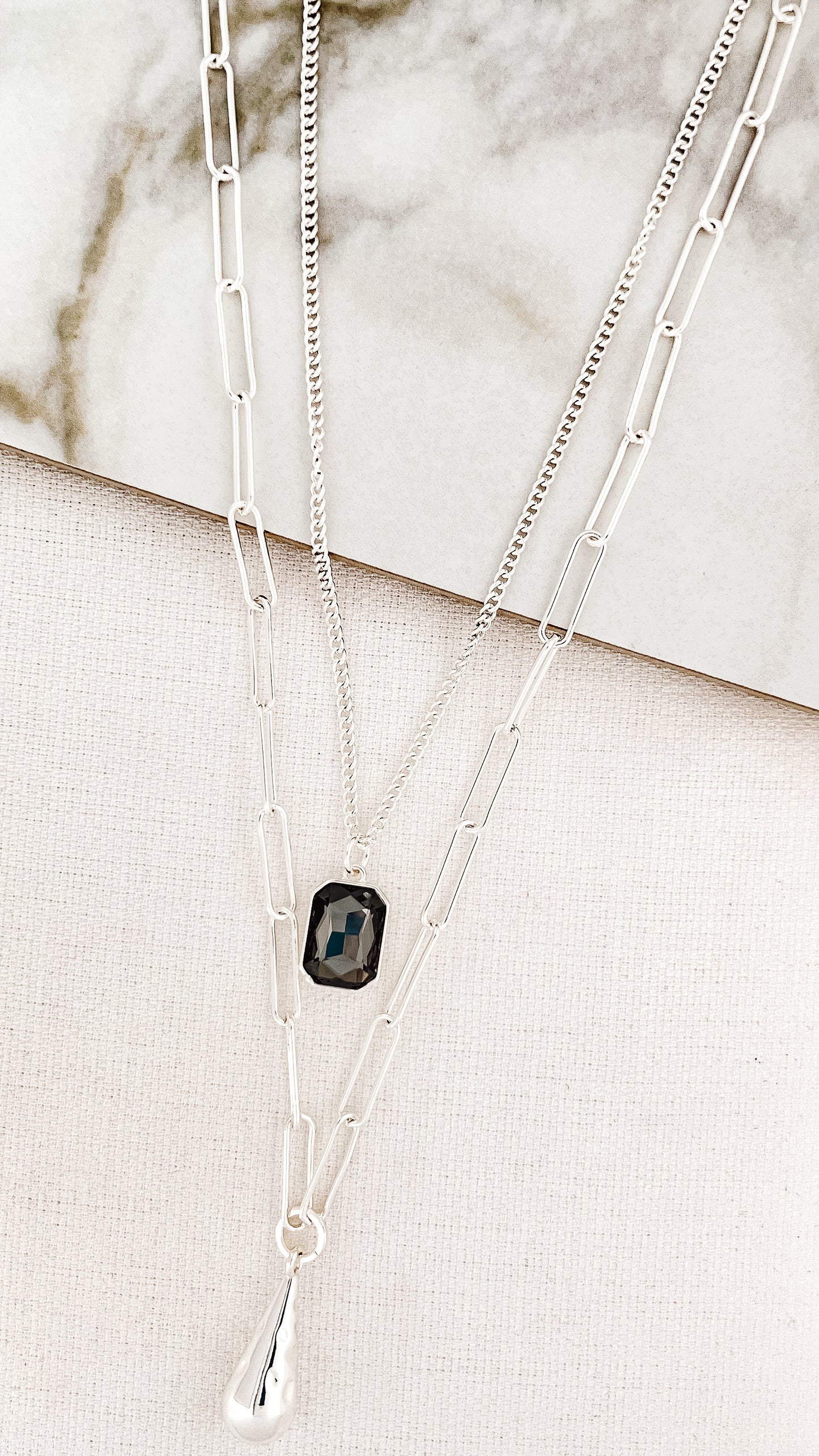 Long Silver Double Layer Necklace with Grey Crystal Pendant