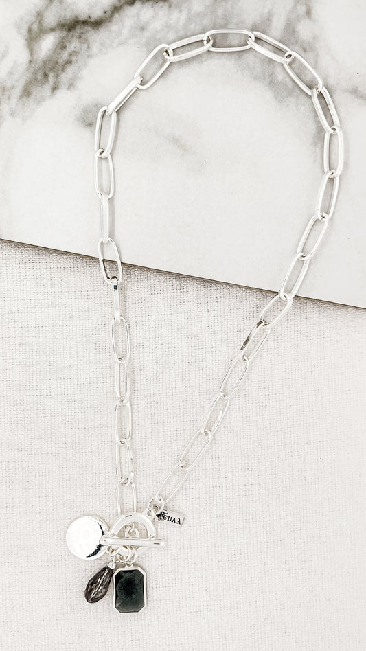 Short Silver Link T-bar Necklace with Grey Crystal Charms
