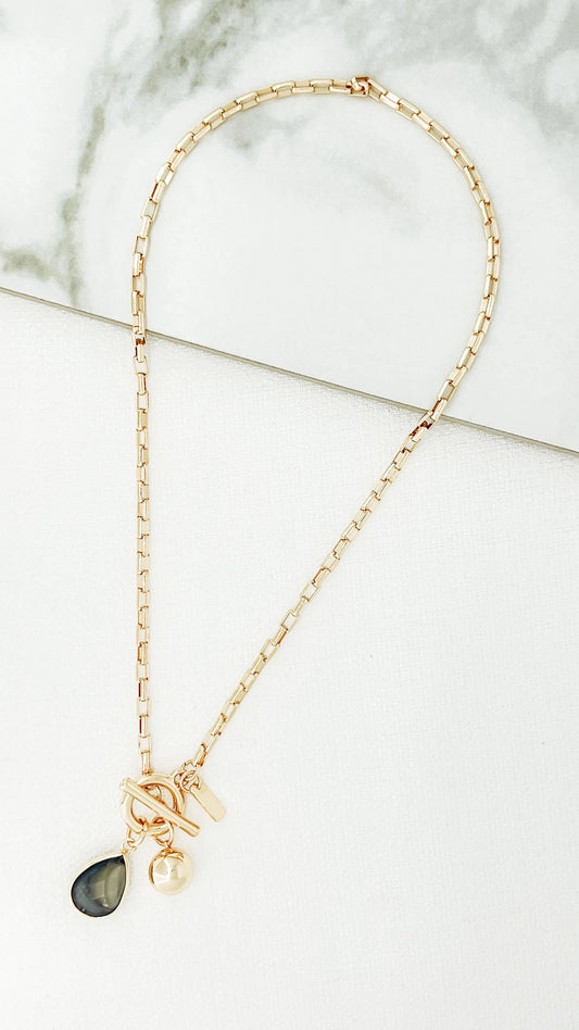 Short Gold Link T-bar Necklace with Grey Crystal Pendant