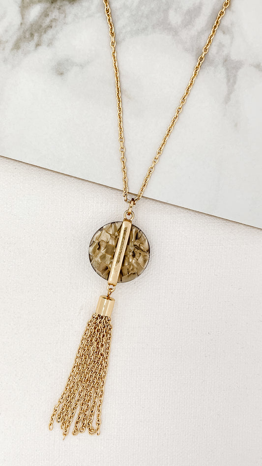 Long Gold Necklace with Taupe Circle Pendant and Tassel