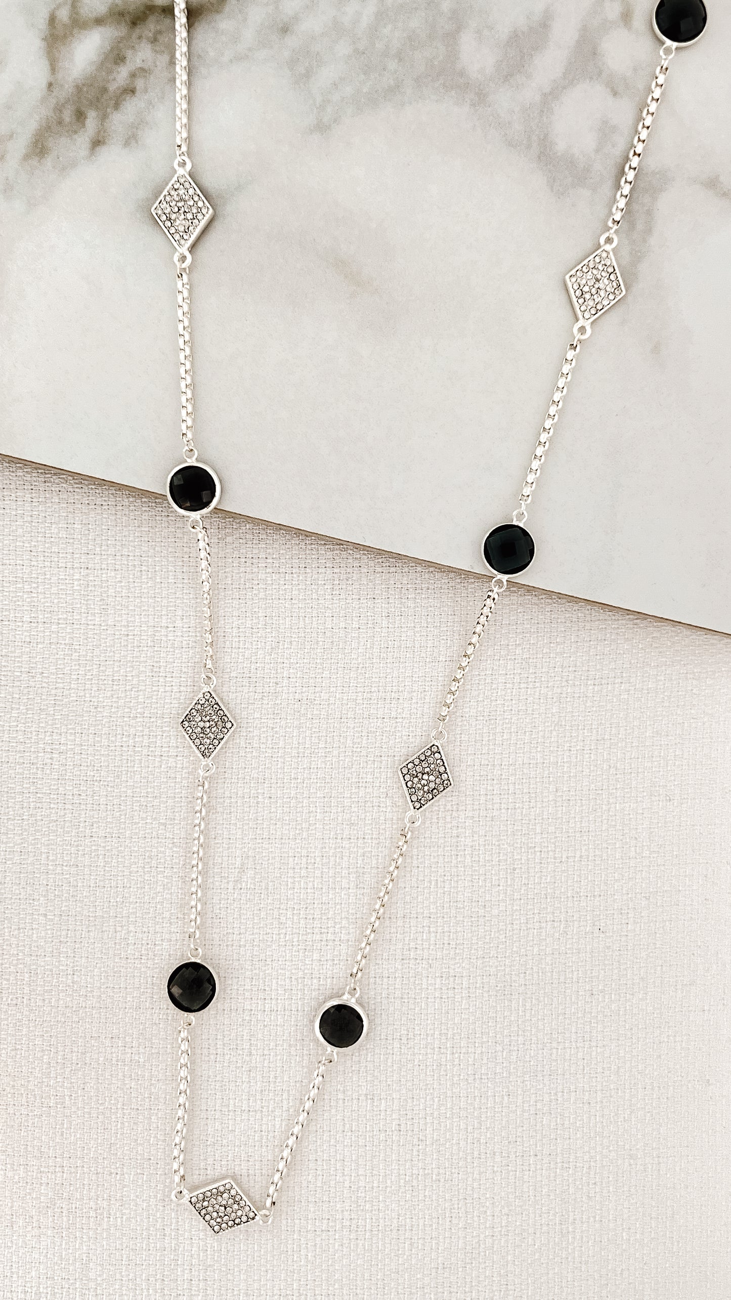 Long Silver Necklace with Grey Crystal and Diamante Pendants