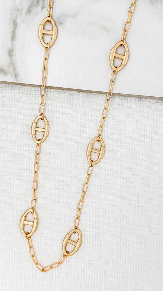 Long Chain Link Necklace with Gold Oval Detail