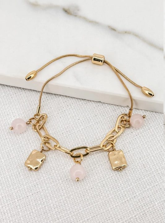 Gold Charm Bracelet with Pink Beads