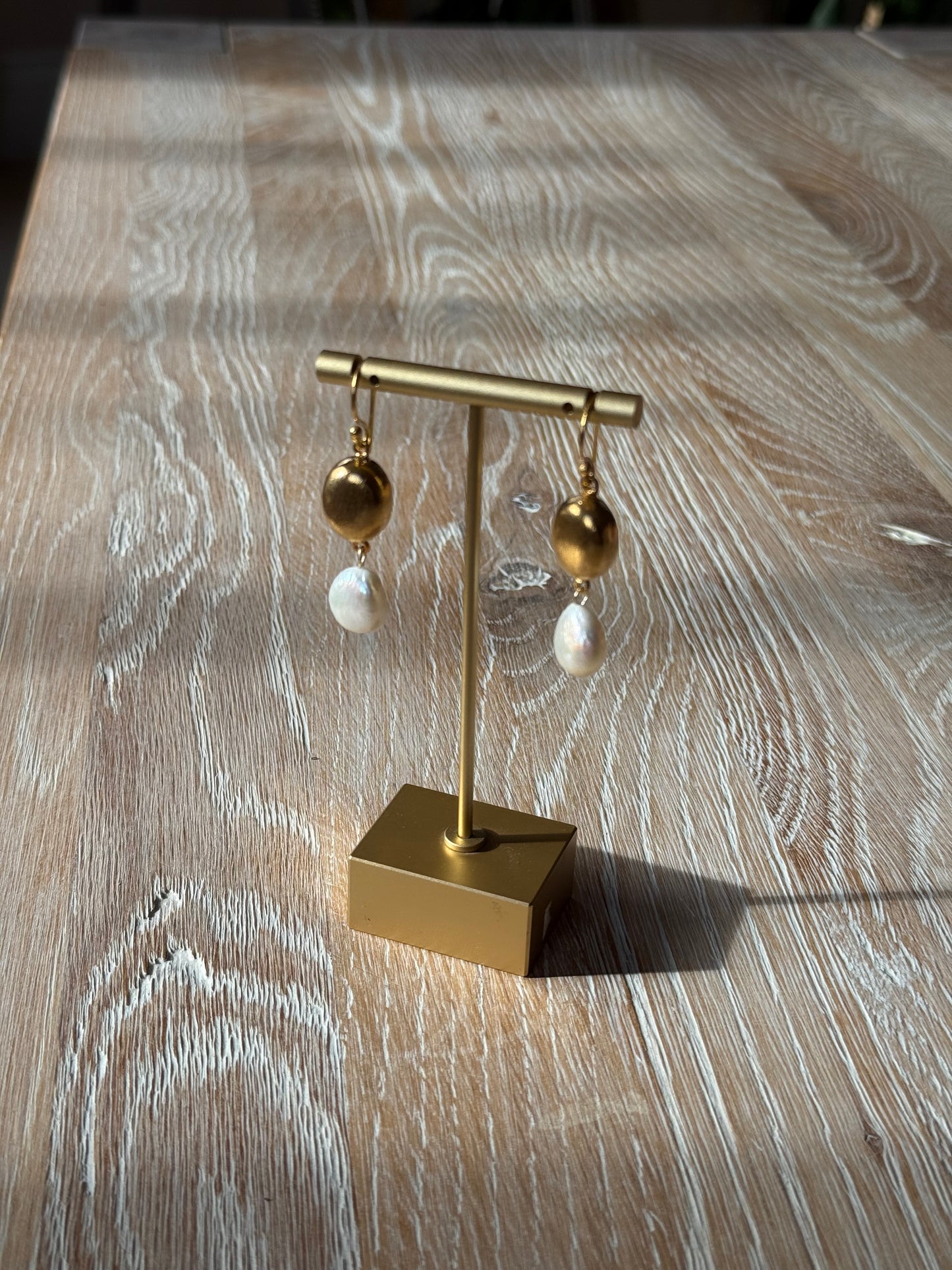 Gold Plated Polished Brass and River Pearl Drop Earrings