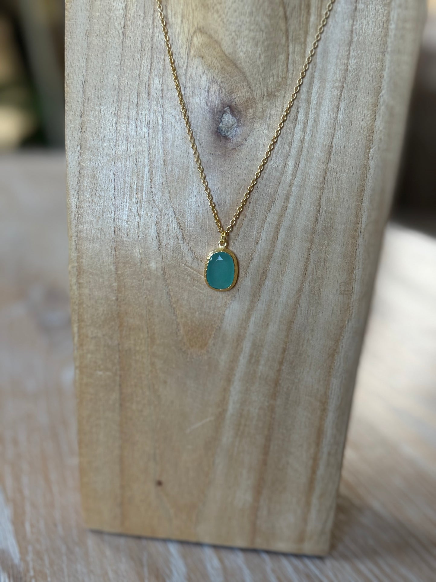Gold Polished Brass Drop Necklace with Aqua Chalcedony Stone