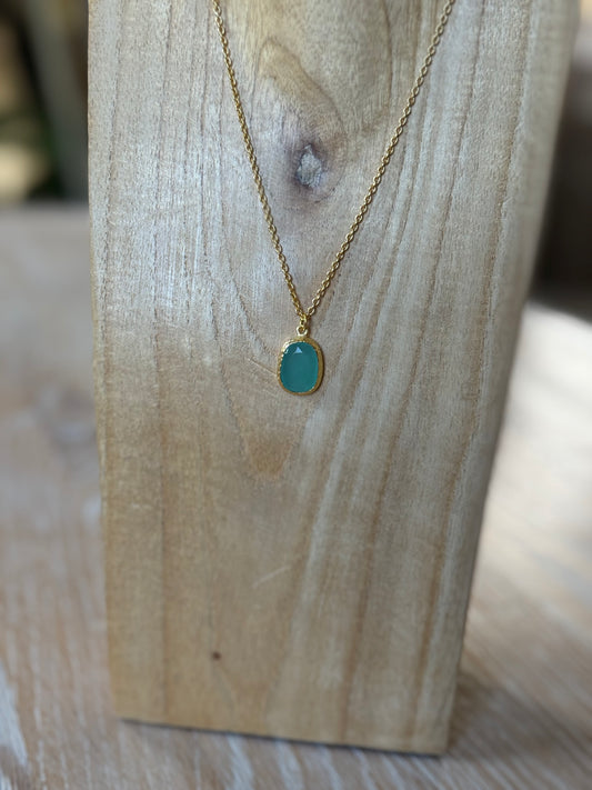 Gold Polished Brass Drop Necklace with Aqua Chalcedony Stone