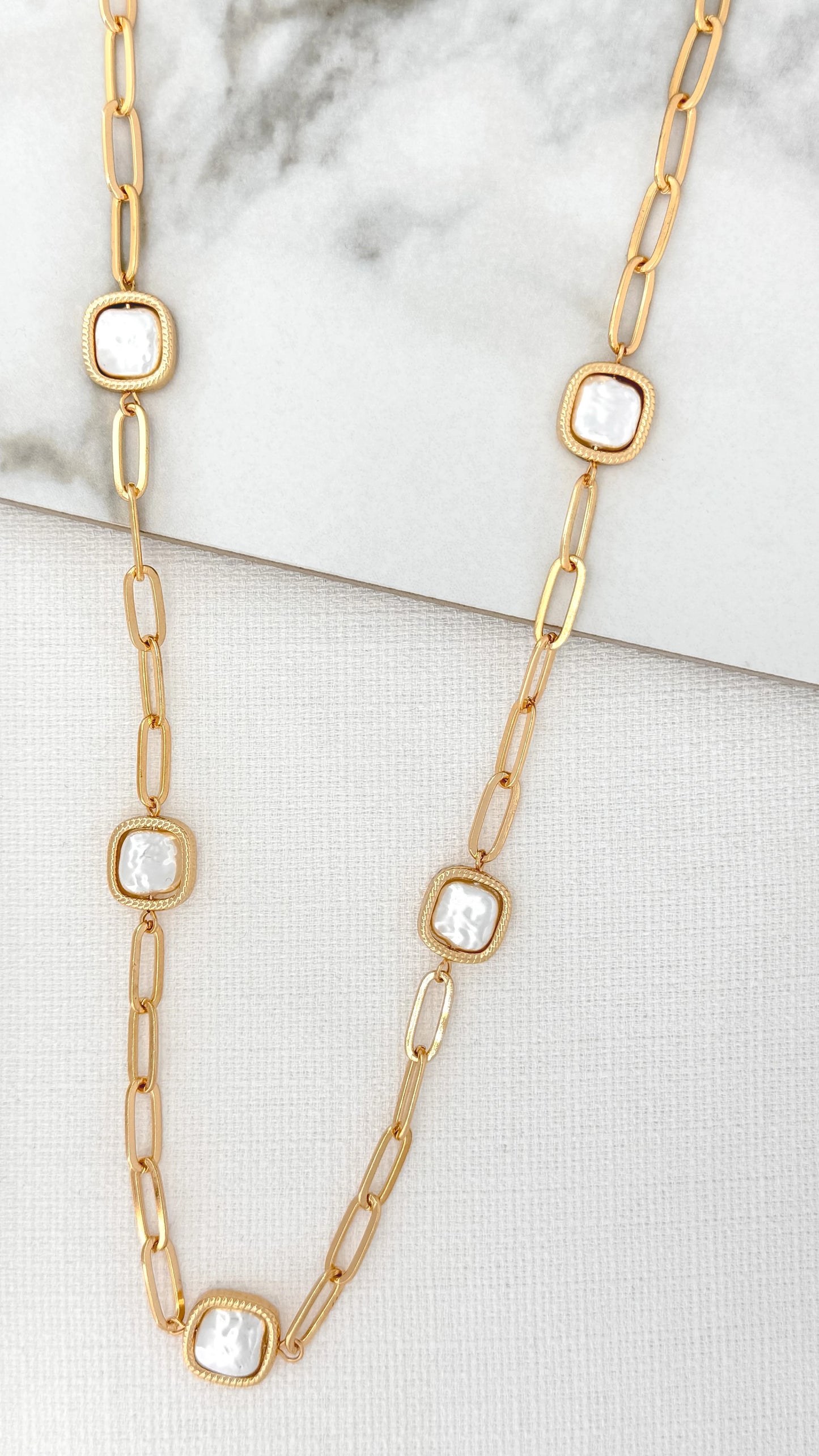 Gold Chunky Chain Necklace with Pearl Square Detail