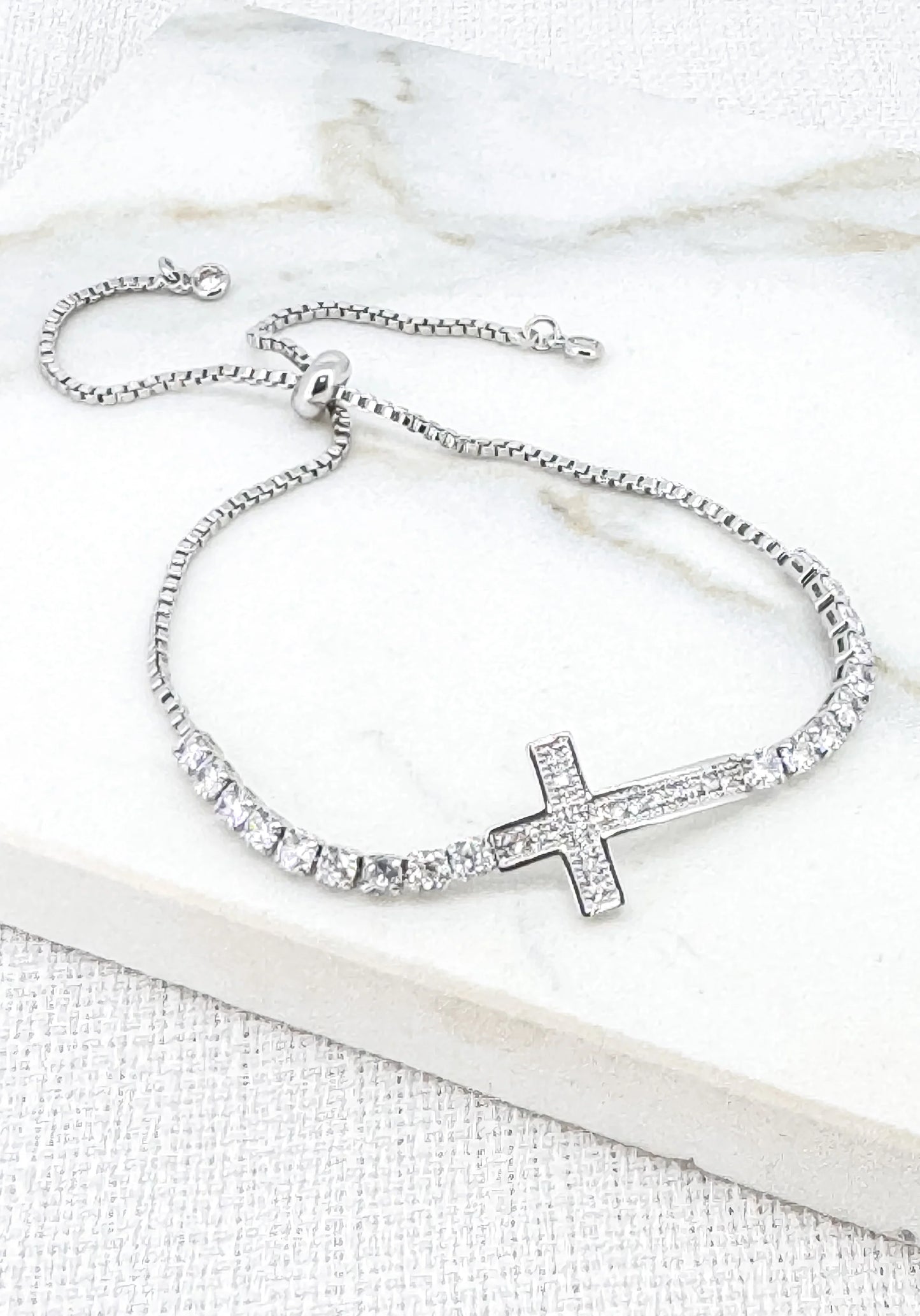 Adjustable Silver Diamante Cross Bracelet