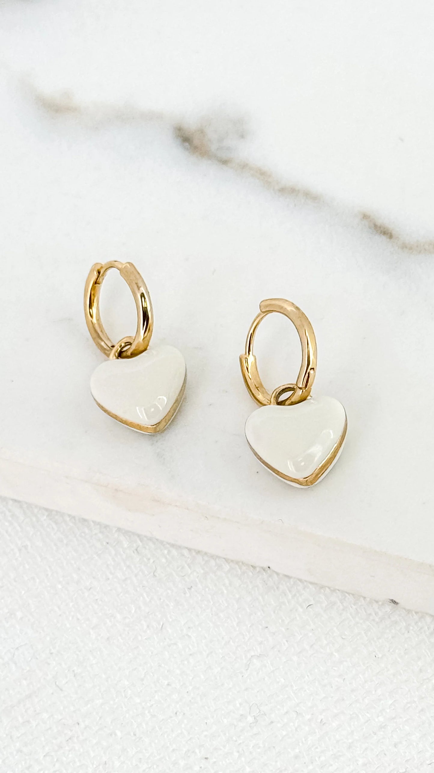 Small Gold Hoop Earrings with White Heart