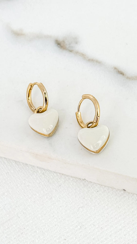 Small Gold Hoop Earrings with White Heart