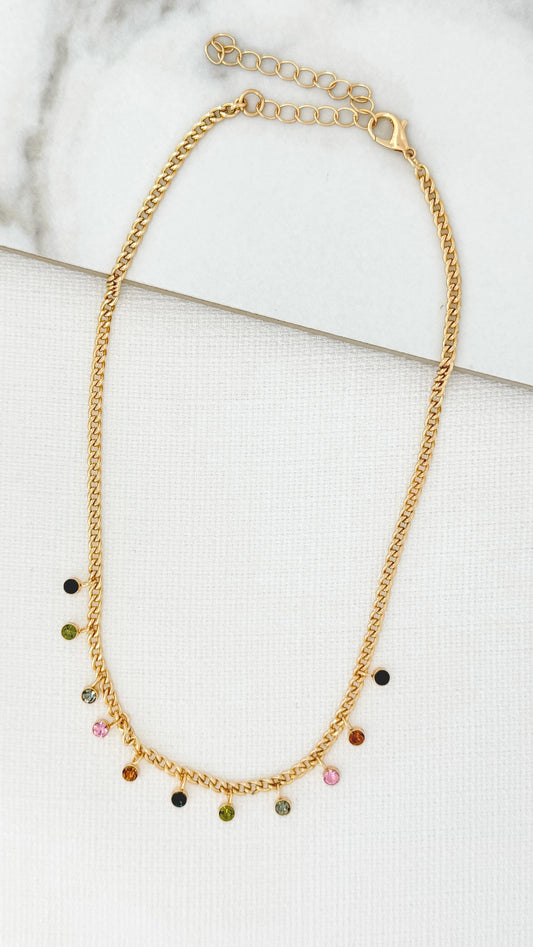 Short Gold Necklace with Coloured Crystal Drops