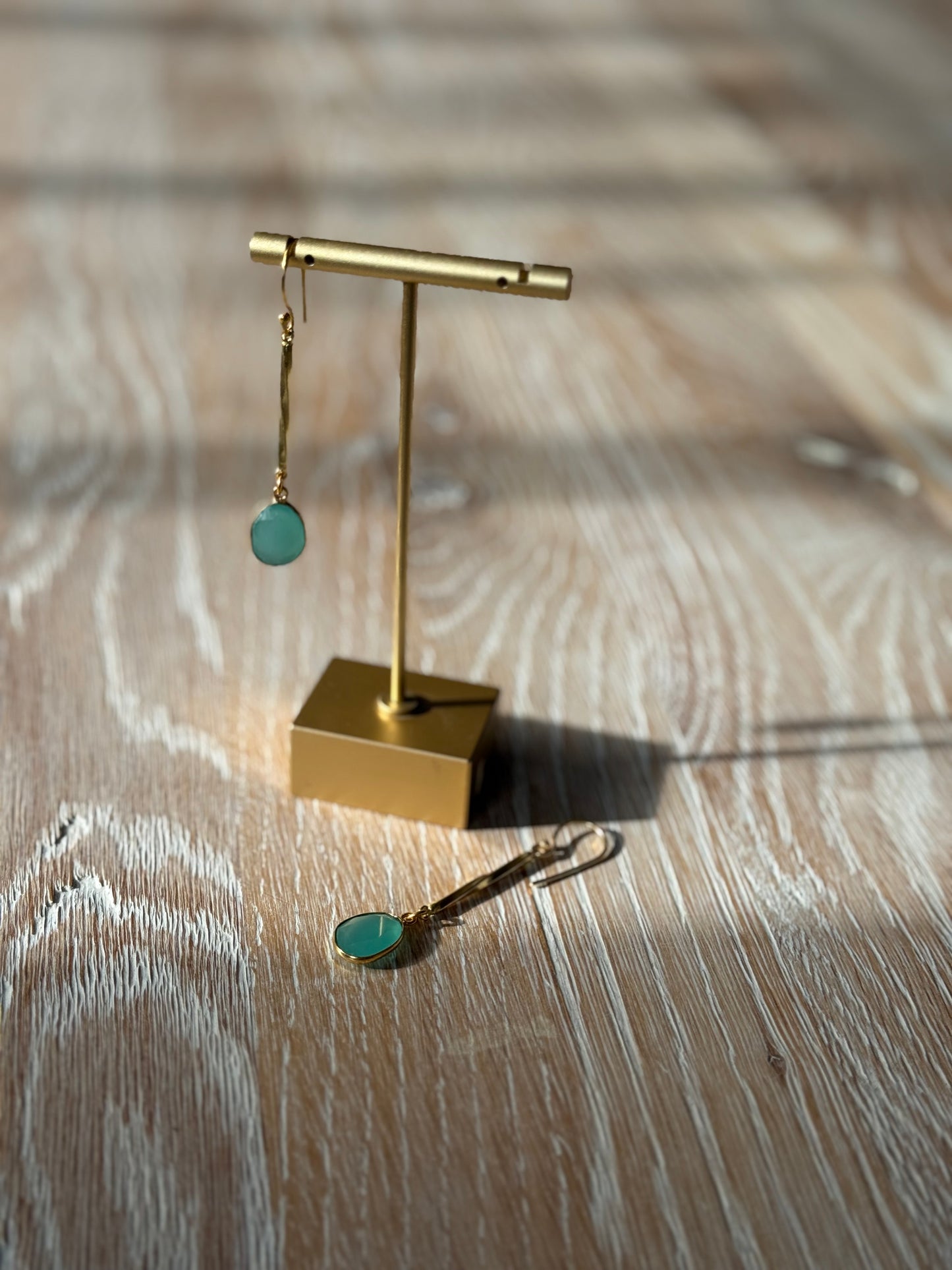 Gold Polished Earrings with Twisted Brass Bar and Aqua Chalcedony Stone