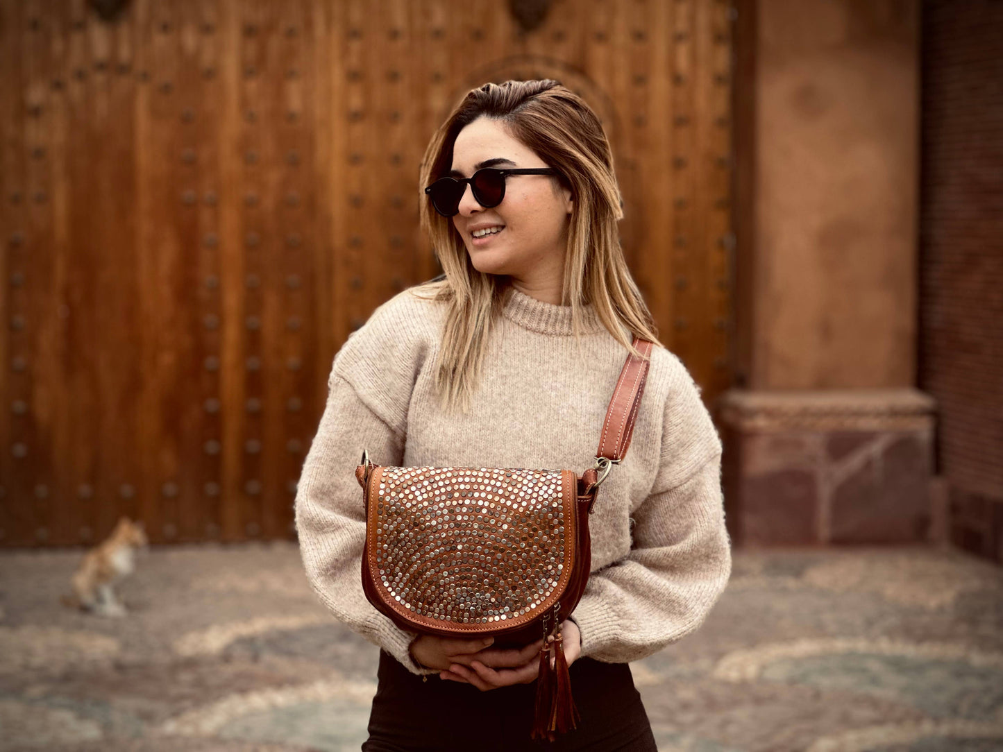 Handmade Studded Leather Shoulder Bag | Chic Medium Purse