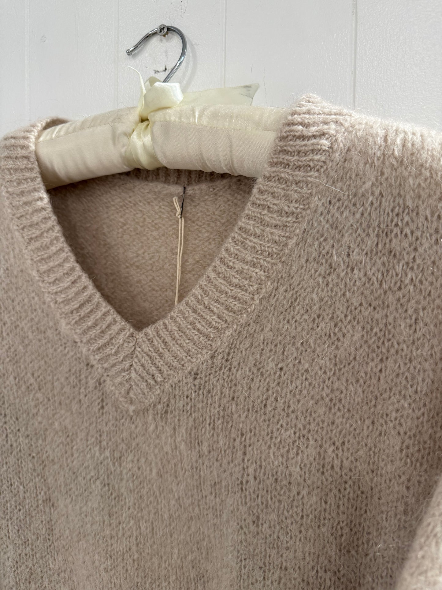V Neck Mohair Sweater in Stone