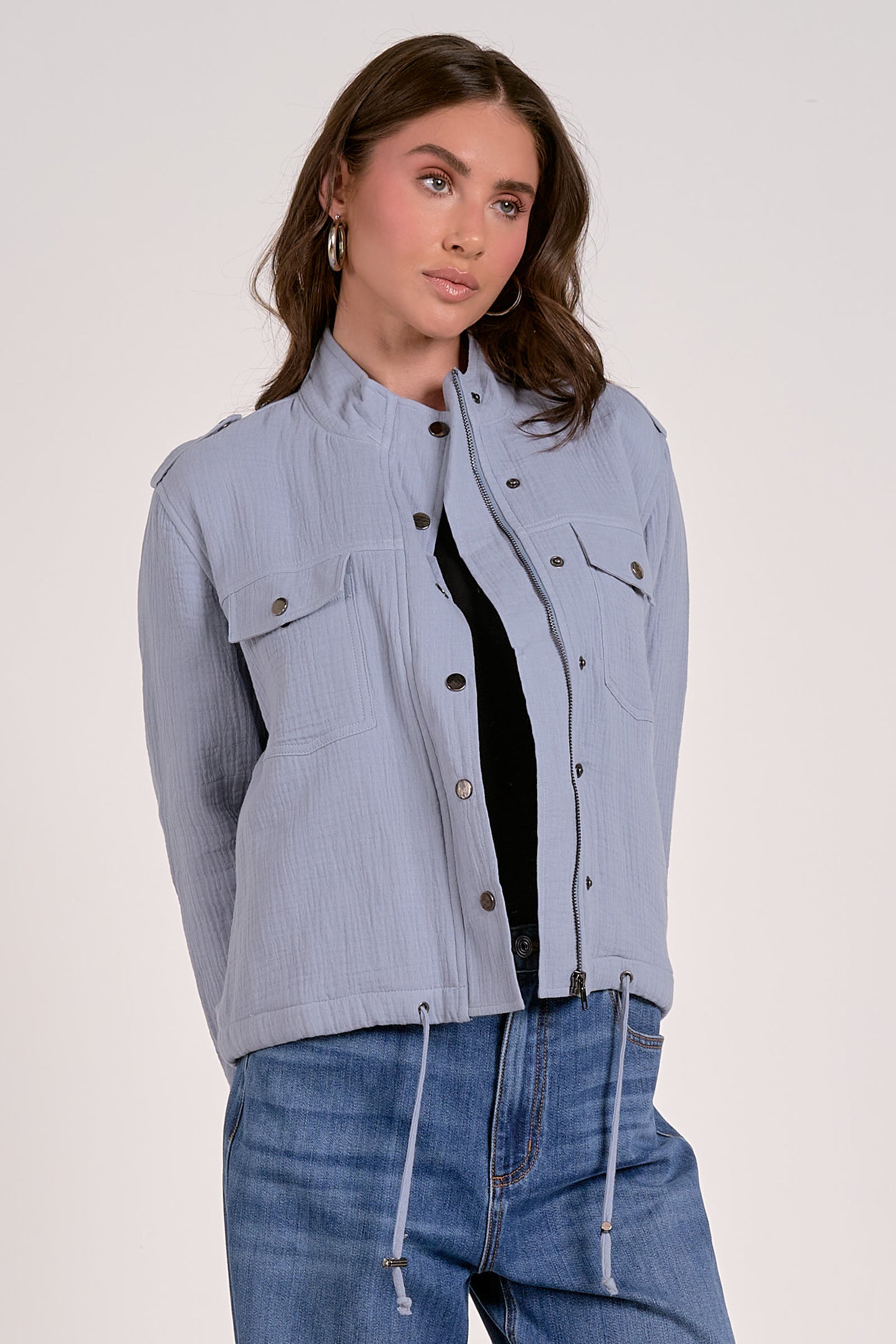 Pale Blue Cotton Biker Jacket