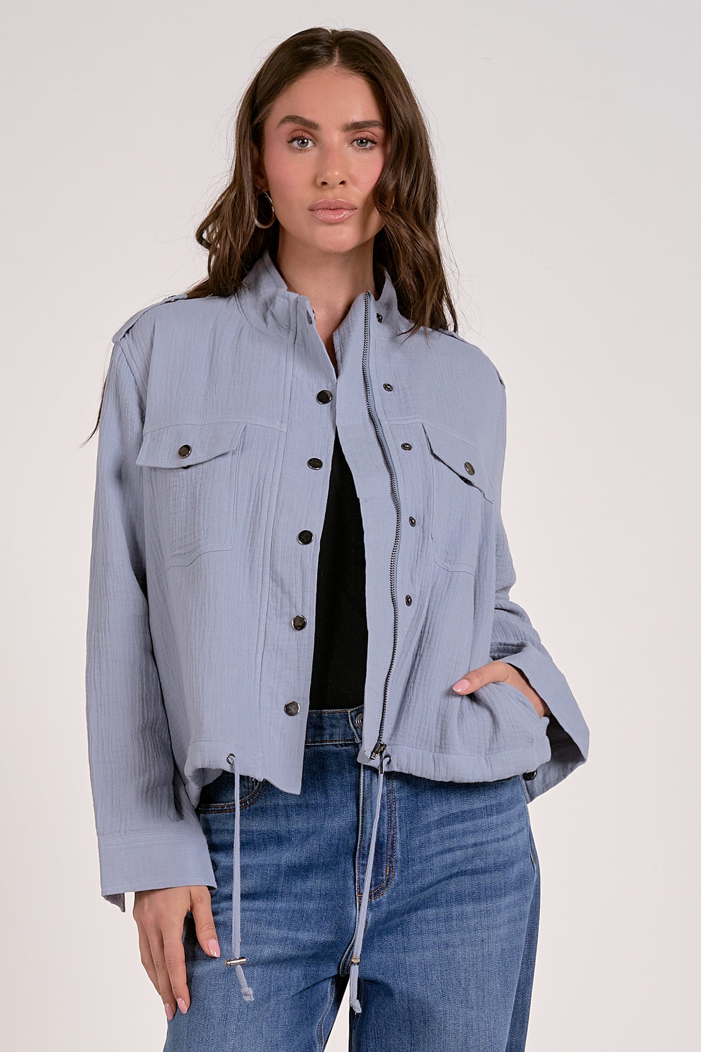 Pale Blue Cotton Biker Jacket