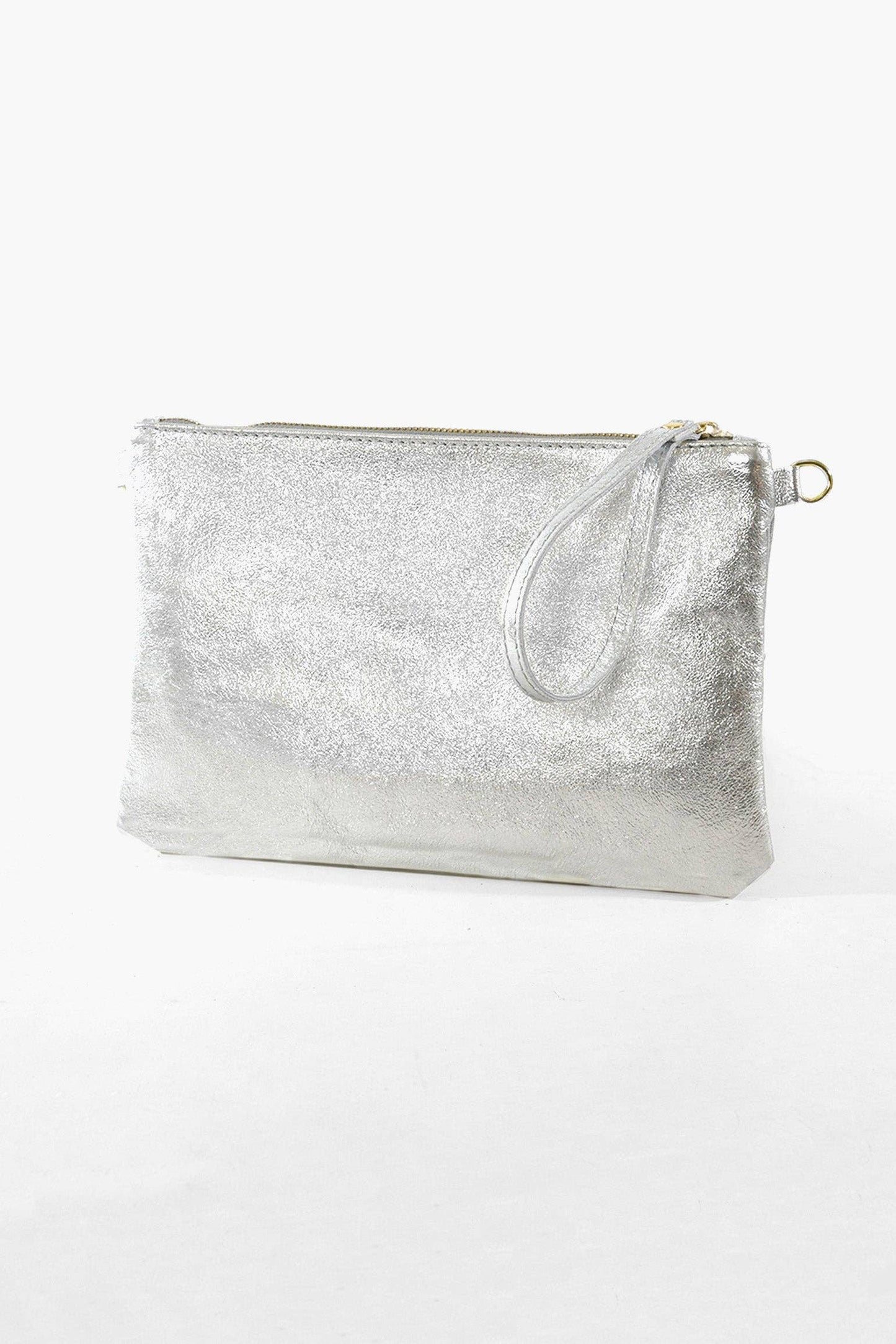 Cody Italian Leather Clutch Bag - Silver, Metallic