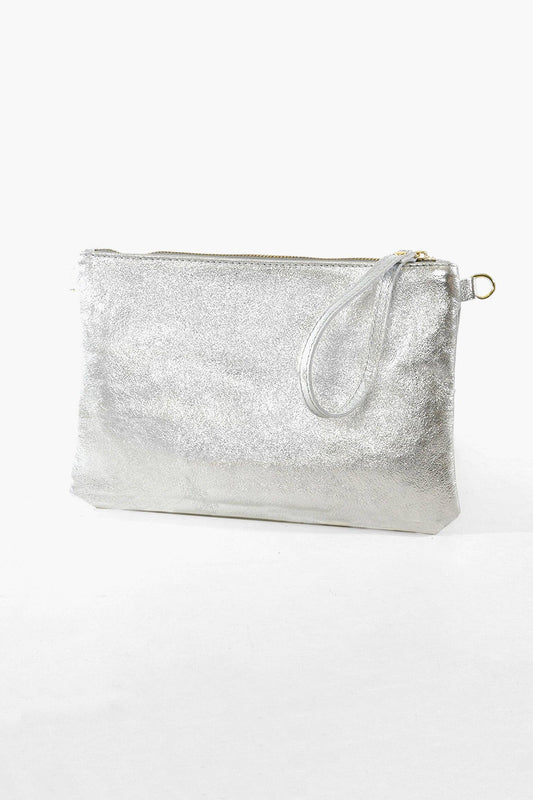 Cody Italian Leather Clutch Bag - Silver, Metallic