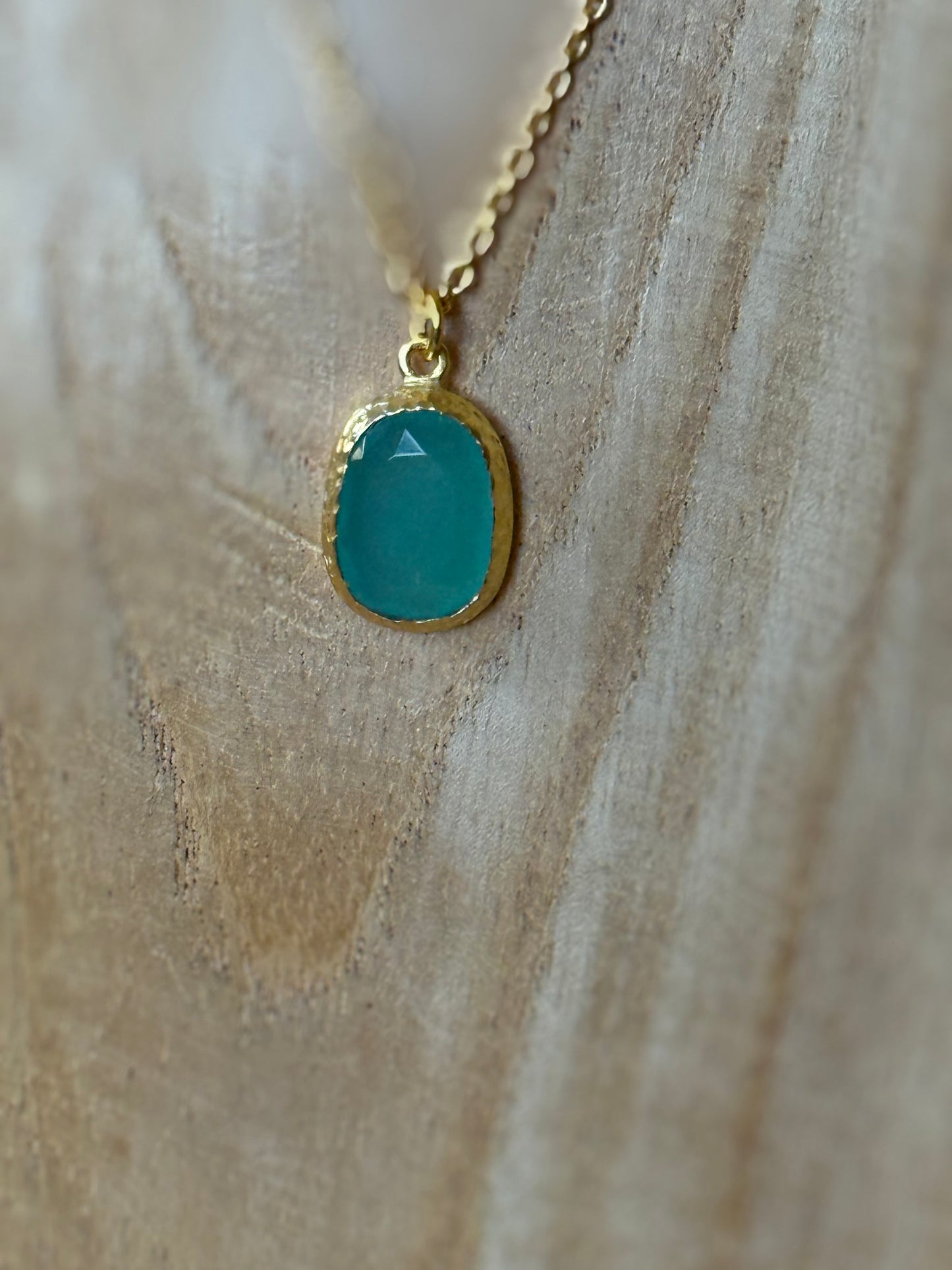 Gold Polished Brass Drop Necklace with Aqua Chalcedony Stone
