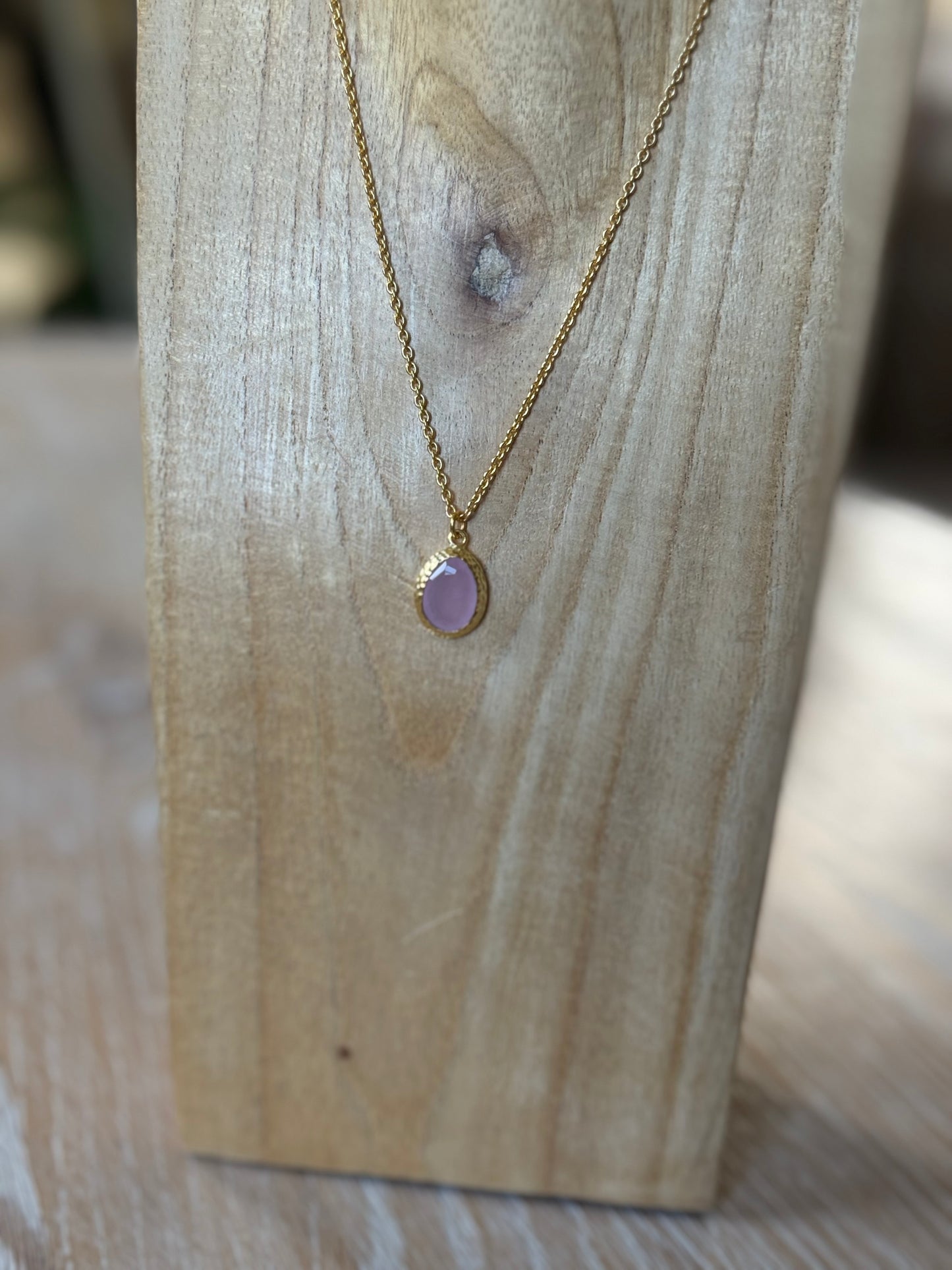 Gold Polished Brass Drop Necklace with Pink Chalcedony Stone
