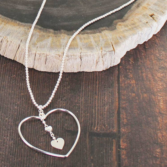 Silver Plated Open Heart Pendant Necklace with Drop Charms